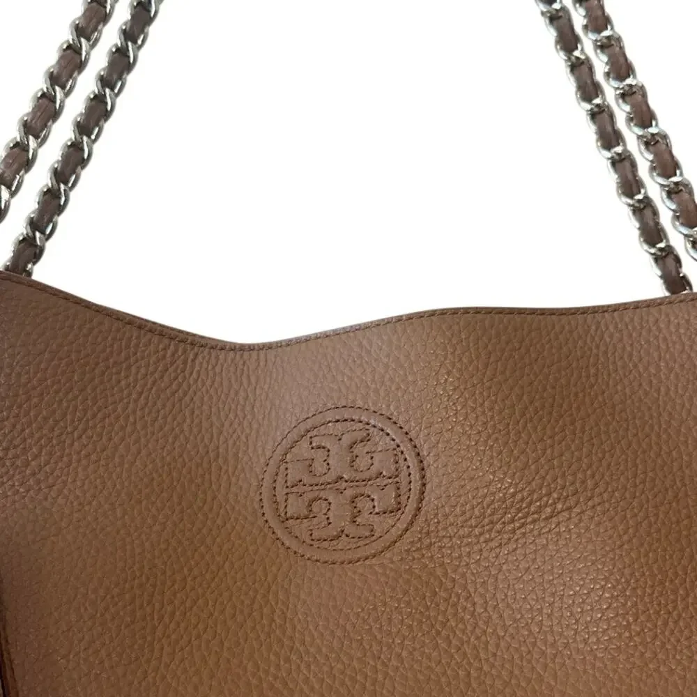 Tory Burch Pebbled Leather Chain Tote Brown Camel Slouchy Bag